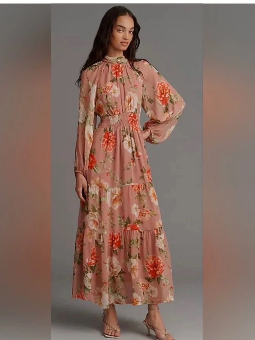 Anthropologie Floral Smocked Waist Maxi Dress - Blush Pink